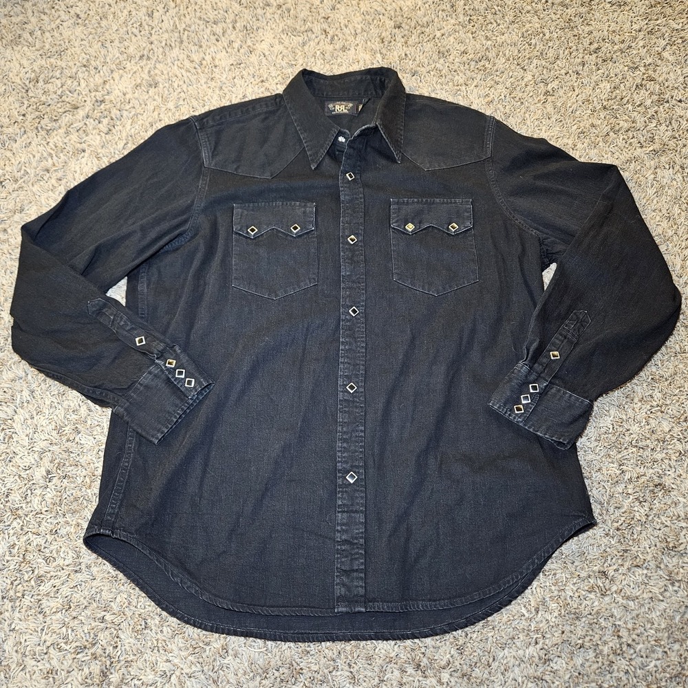 RRL Double RL Western Shirt Mens Black Denim Diamond Snap Sawtooth Size XXL
